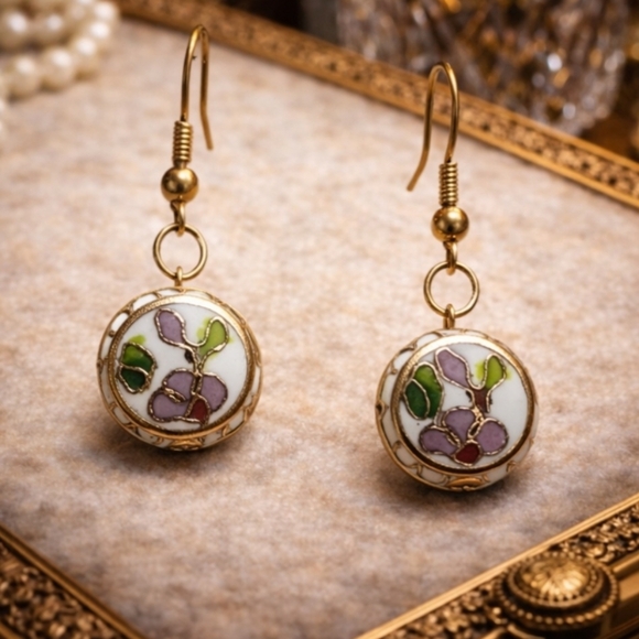 Vintage Jewelry - VINTAGE 80S PORCELAIN HANDPAINTED CLOISONNÉ STYLE DROP EARRINGS FLORAL ART